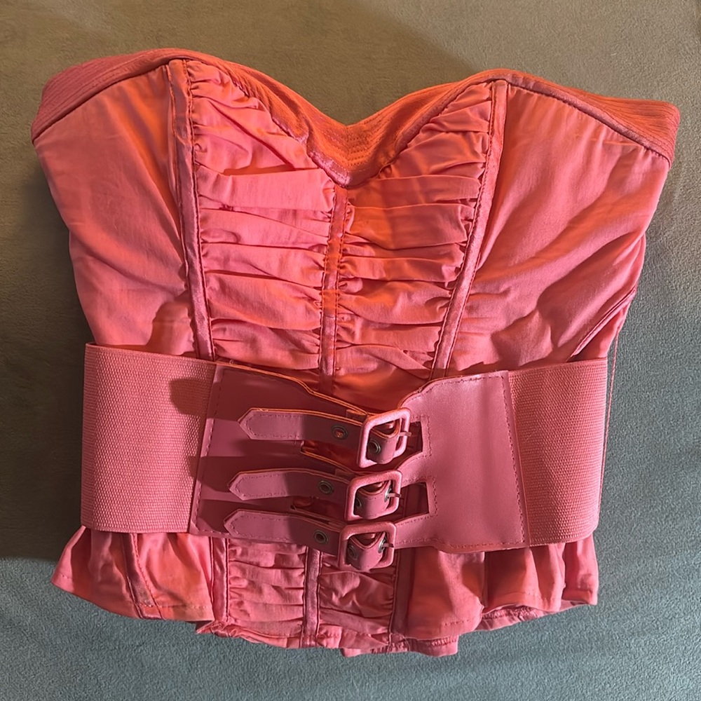 RARE BEBE Y2K Pink Strapless Corset Belted Poplin Ruched Bustier Top XXS